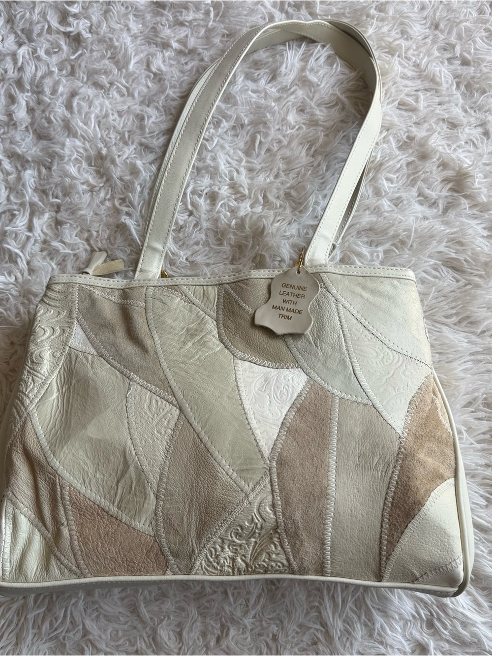 Genuine Leather Patchwork Tote Bag — Cream Beige